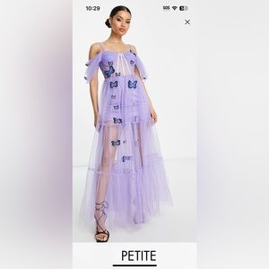 Lace & Beads Petite sheer corset 3D embroidered dress in lilac